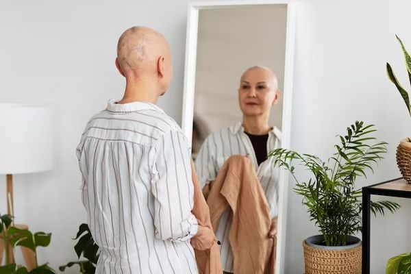 femme atteinte d'un cancer de la peau se regardant dans le miroir