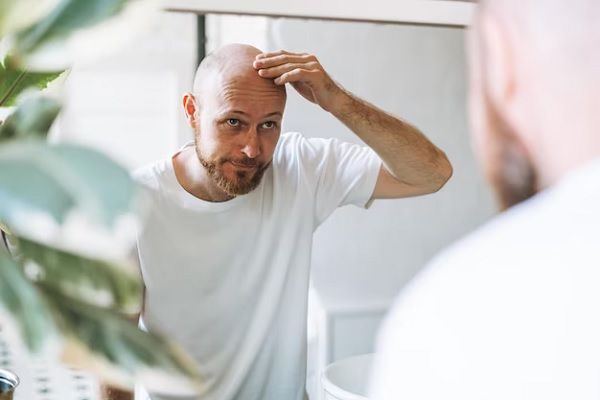  Jeune adulte barbu se regardant dans le miroir d'une salle de bain et se touchant la tête, inquiet de la perte de ses cheveux. Foulard pour la chimiothérapie 
