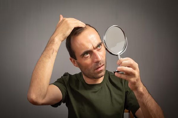Homme regardant le concept de perte de cheveux miroir. traitement pour l'alopécie androgénétique
