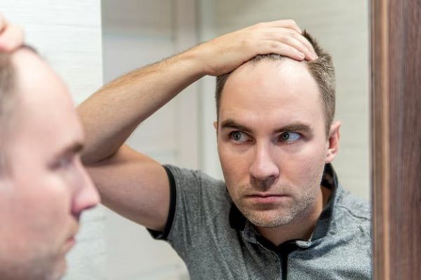 un homme blanc caucasien d'âge moyen avec une barbe courte regarde ses cheveux dans le miroir. traitement pour l'alopécie androgénétique