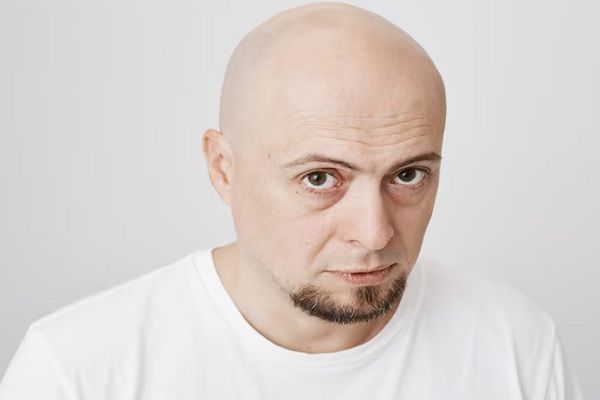 Homme chauve au regard terrifiant, traitements de l'alopécie areata