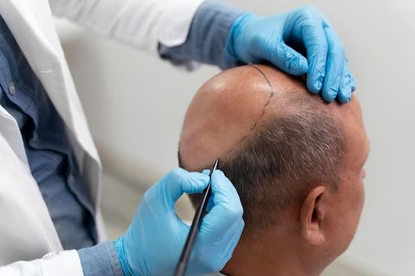 un homme est examiné en vue d'une greffe de cheveux