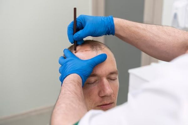 un homme est examiné en vue d'une greffe de cheveux