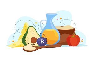 Composition plate d'avocat de dessin animé avec caractère de fruits collectant des vitamines et des ingrédients alimentaires