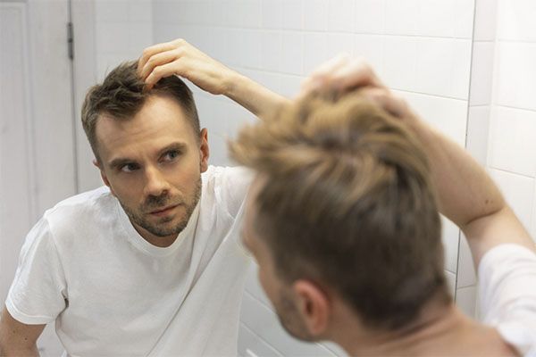 Un homme blanc caucasien d'âge moyen avec une courte barbe regarde ses cheveux dans le miroir de la salle de bains et s'inquiète de la calvitie.
