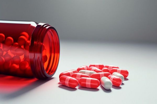 Capsules rouges de spironolactone dans le flacon en verre rouge sur la table noire
