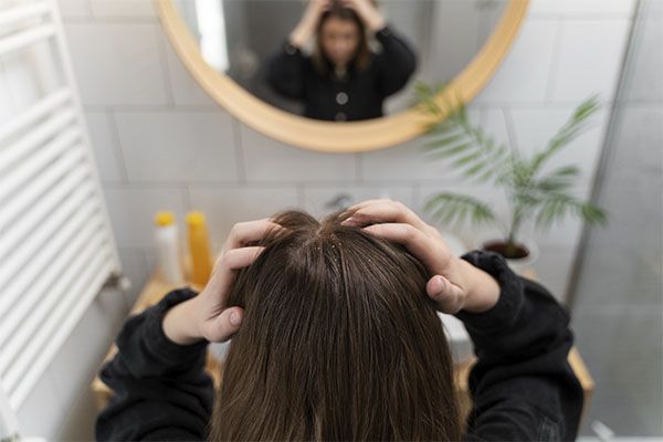 Une femme inquiète de la perte de ses cheveux se regarde dans le miroir.