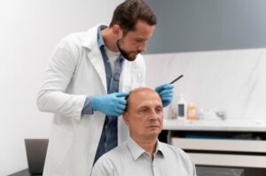 Homme d'âge mûr subissant un processus d'extraction d'unités folliculaires
