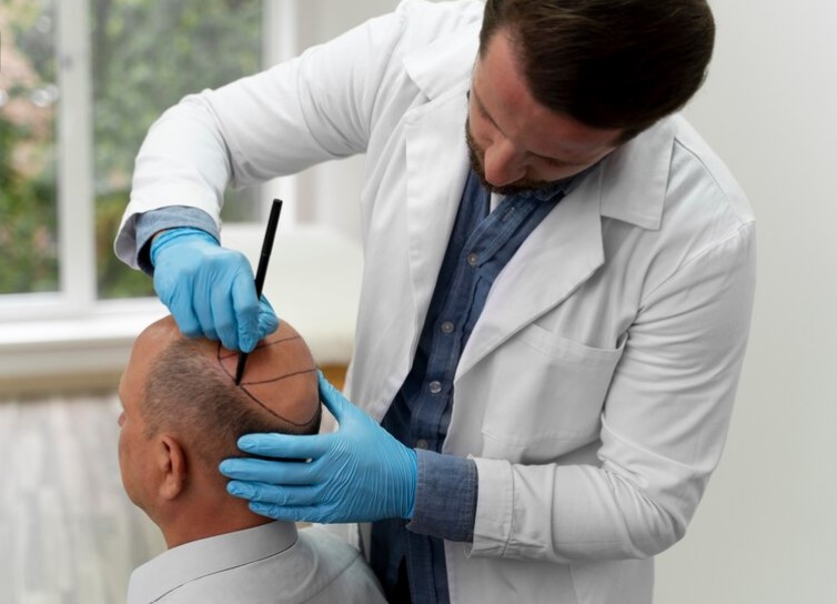 Homme d'âge mûr subissant un processus d'extraction d'unités folliculaires