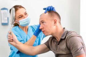 Homme adulte ayant des problèmes de calvitie. Période postopératoire après greffe de cheveux
