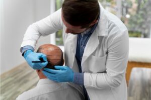 Homme d'âge mûr subissant un processus d'extraction d'unités folliculaires