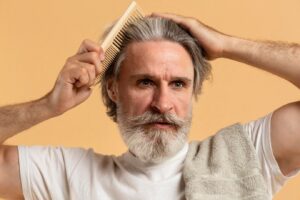 Vue de face d'un vieil homme barbu se coiffant. Chute de cheveux avec racines blanches
