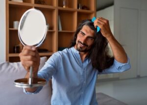 Plan moyen d'un homme utilisant un shampoing sec à la maison