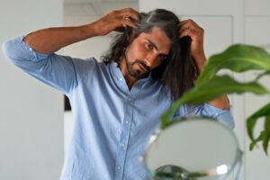 Plan moyen d'un homme utilisant un shampooing sec à la maison