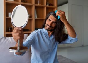 Plan moyen d'un homme utilisant un shampooing sec à la maison, Un remède naturel contre la chute des cheveux