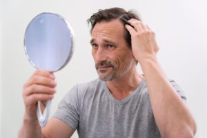 Un homme qui a l'air surpris par son alopécie.