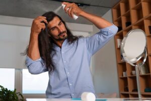 Plan moyen d'un homme utilisant du shampoing sec à la maison, Remèdes naturels pour lutter contre la perte de cheveux