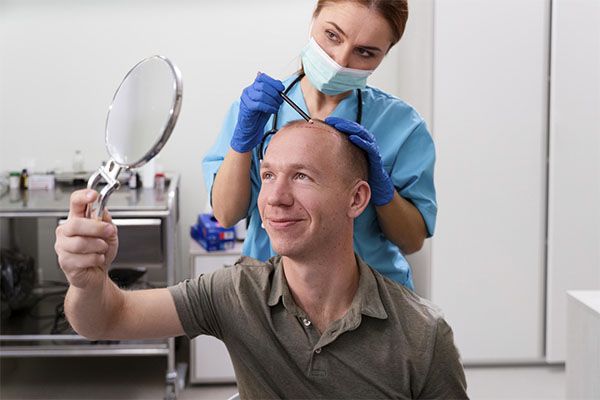 Un homme lors de sa première consultation chez le coiffeur, en train de se regarder dans le miroir . resultat greffe de cheveux