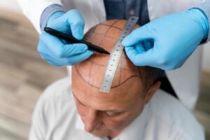 Homme audacieux subissant le processus d'extraction de l'unité folliculaire.