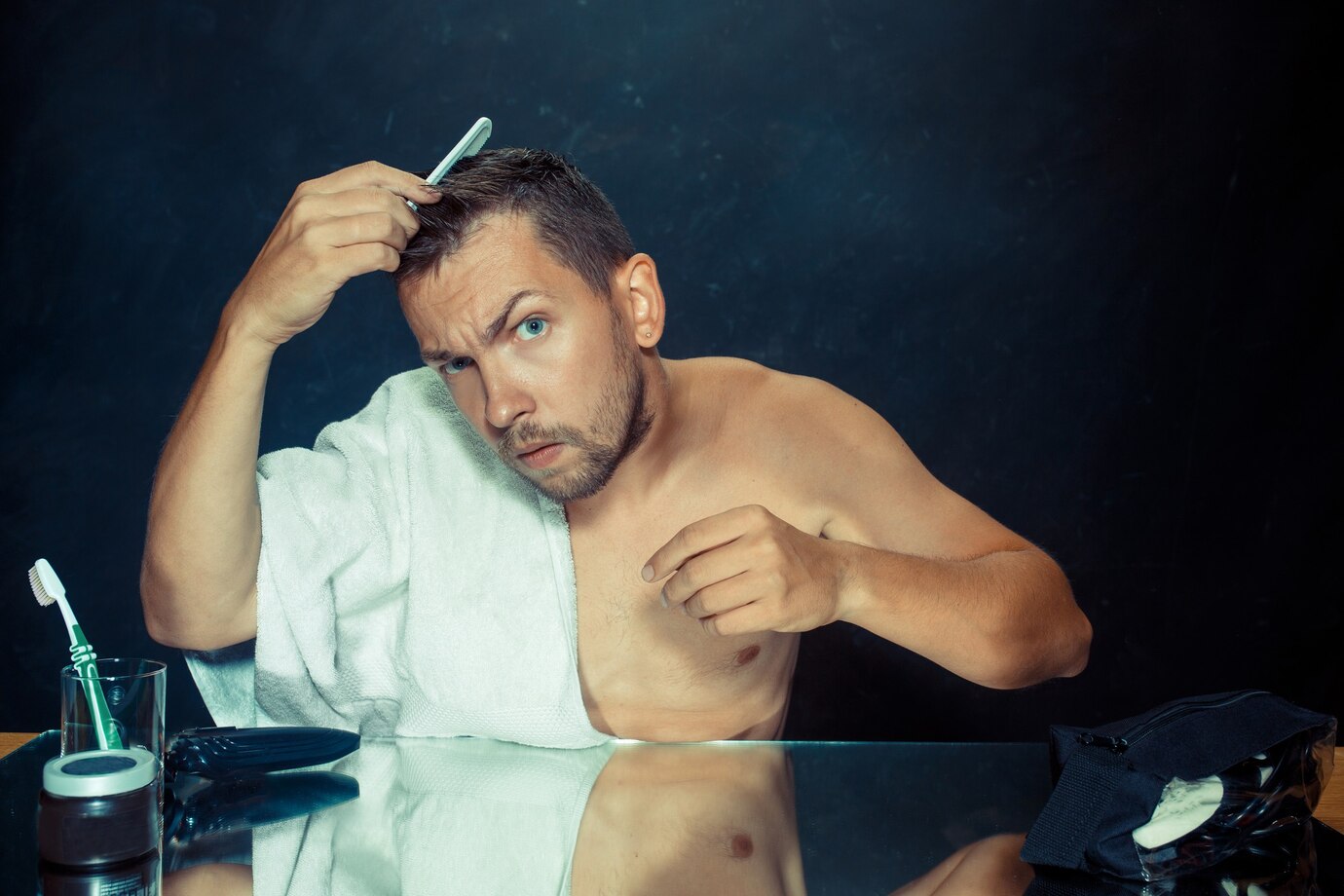 Le jeune homme assis devant le miroir de sa chambre se gratte la barbe à la maison. Concept d'émotions humaines et de problèmes capillaires. Démystifier la greffe de cheveux