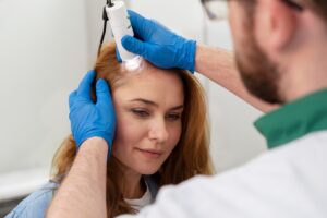 Femme en cours de greffe capillaire selon l'une des techniques les plus couramment utilisées par de nombreuses cliniques. Greffe de cheveux et solutions non chirurgicales