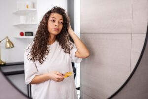 Plan moyen d'une femme se regardant dans le miroir. Mythes sur les Cheveux