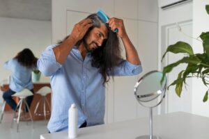 Plan moyen d'un homme utilisant un shampoing sec à la maison. Les traitements miracles