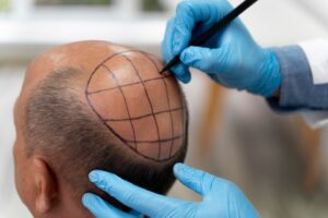 Homme mûr subissant un processus d'extraction d'unités folliculaires.