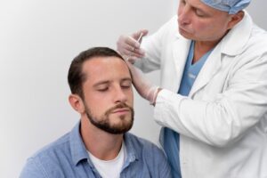 Homme adulte subissant une extraction d'unité folliculaire.