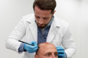 Homme d'âge mûr subissant une extraction d'unité folliculaire.