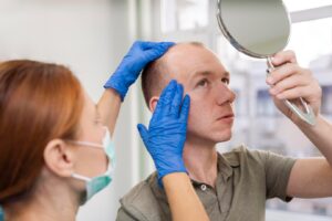 Homme adulte ayant des problèmes de calvitie. Greffe de Cheveux France
