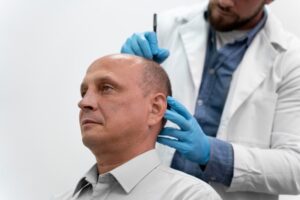 Homme recevant un traitement capillaire pour prévenir l'alopécie. 