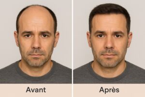 Comparaison avant/après d’un patient ayant subi une greffe capillaire : à gauche, le cuir chevelu dégarnie et les tempes reculées ; à droite, une chevelure dense et naturelle, résultat d’une intervention réussie.