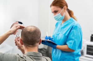 Un homme subissant une greffe capillaire dans une clinique prestigieuse.
