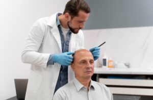 Un homme en cours de greffe de cheveux chez un bon spécialiste.- important dans une greffe de cheveux