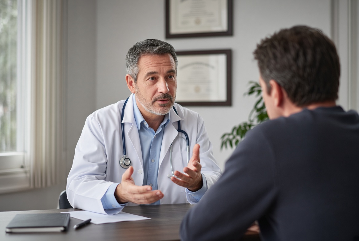 Médecin expliquant son avis médical à un patient avant une greffe de cheveux