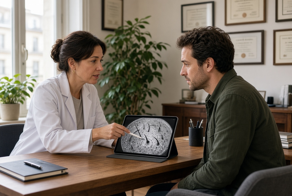 Médecin et patient analysant une trichoscopie lors de la première consultation avant greffe
