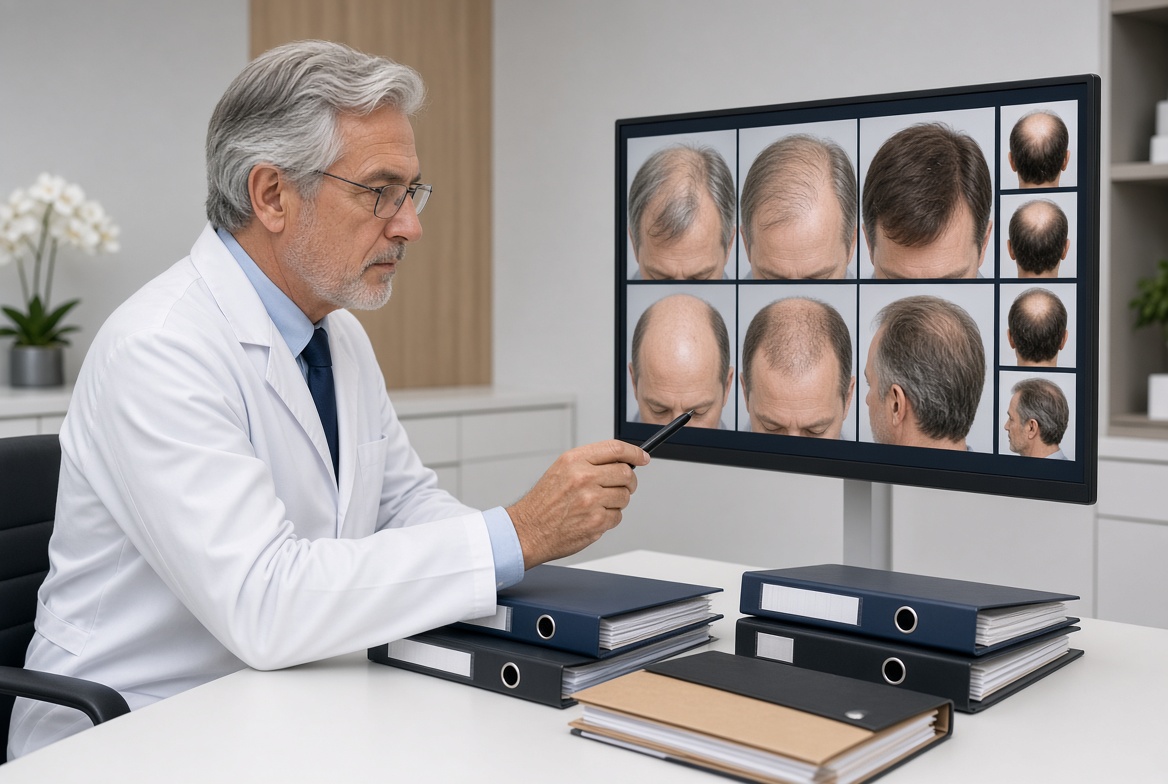 Chirurgien capillaire examinant des dossiers photographiques pour étayer son avis médical