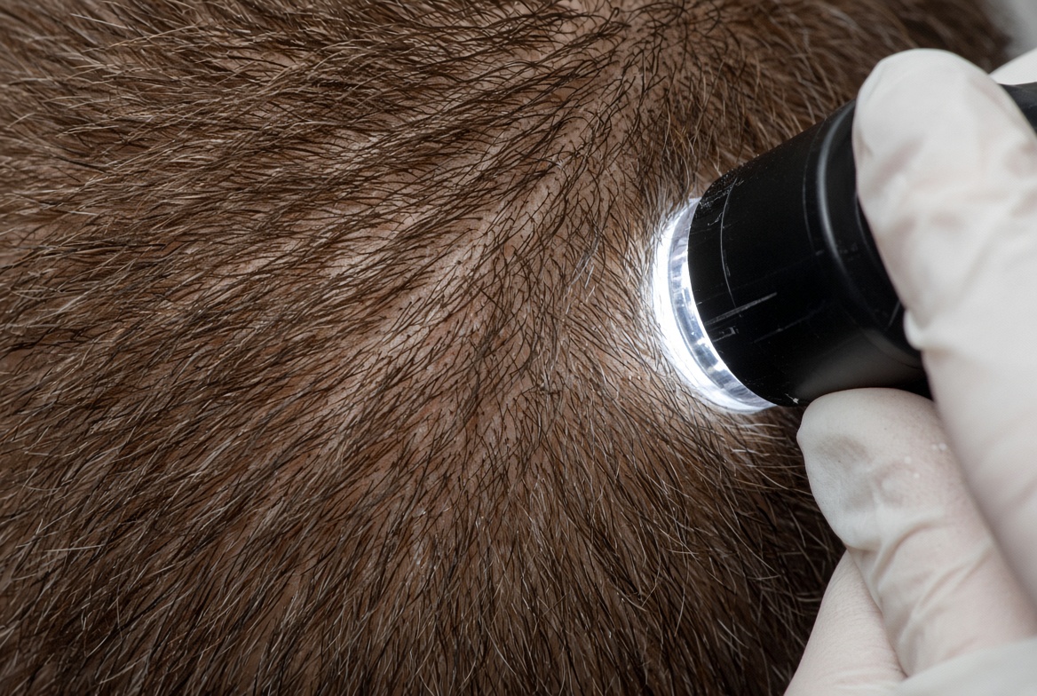 Examen de la zone donneuse au dermatoscope pour établir un avis avant greffe de cheveux