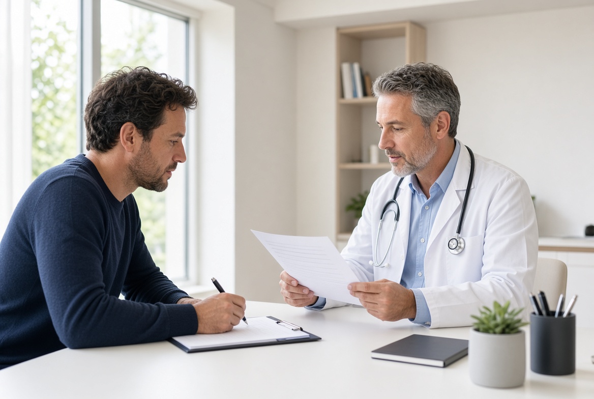 Patient prenant des notes pendant que le médecin lit l’avis médical écrit avant la greffe
