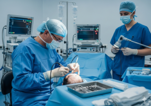 Un chirurgien spécialisé en greffe de cheveux utilise des instruments chirurgicaux dans une clinique à Istanbul