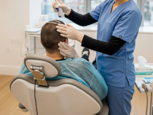 Un patient reçoit des soins dans la zone donneuse et receveuse après une opération de greffe de cheveux à Istanbul.