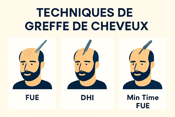 Techniques de greffe de cheveux : FUE, DHI, Min Time FUE illustrées sur fond clair