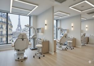 Intérieur d'une clinique de greffe de cheveux parisienne avec vue sur la ville