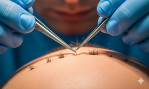 Gros plan sur une main de chirurgien lors de l'implantation minutieuse d'un greffon capillaire, soulignant la finesse du geste et l'importance du détail