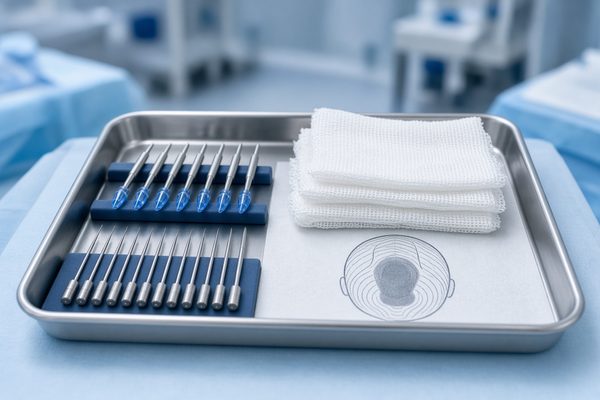 Médecin examinant la ligne frontale d’un patient avec un dermatoscope en consultation