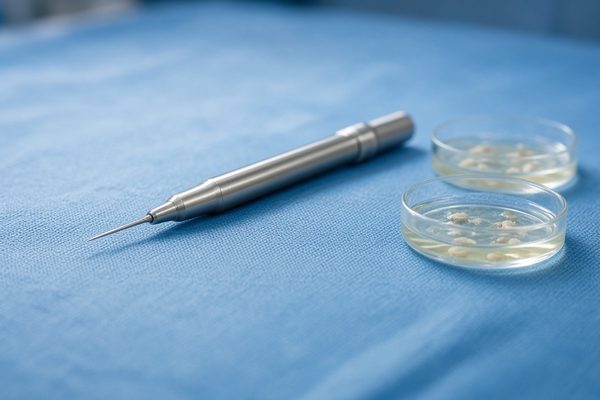 Plateau stérile avec micro-lames à pointe bleue, poinçons FUE et schéma de cuir chevelu