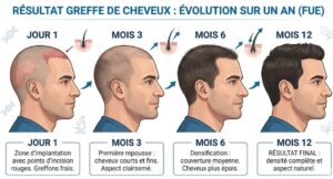 Infographie montrant l'évolution de la greffe de cheveux mois par mois.