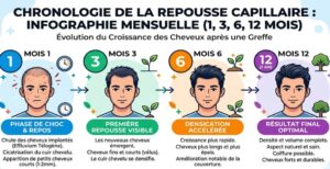  Évolution mois par mois du résultat d'une greffe de cheveux.