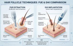 Comparaison technique entre greffe FUE et DHI.